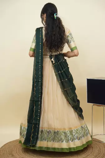 South Indian Style Half Saree With Blouse & Dupatta for Women