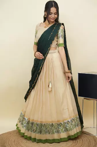 South Indian Style Half Saree With Blouse & Dupatta for Women