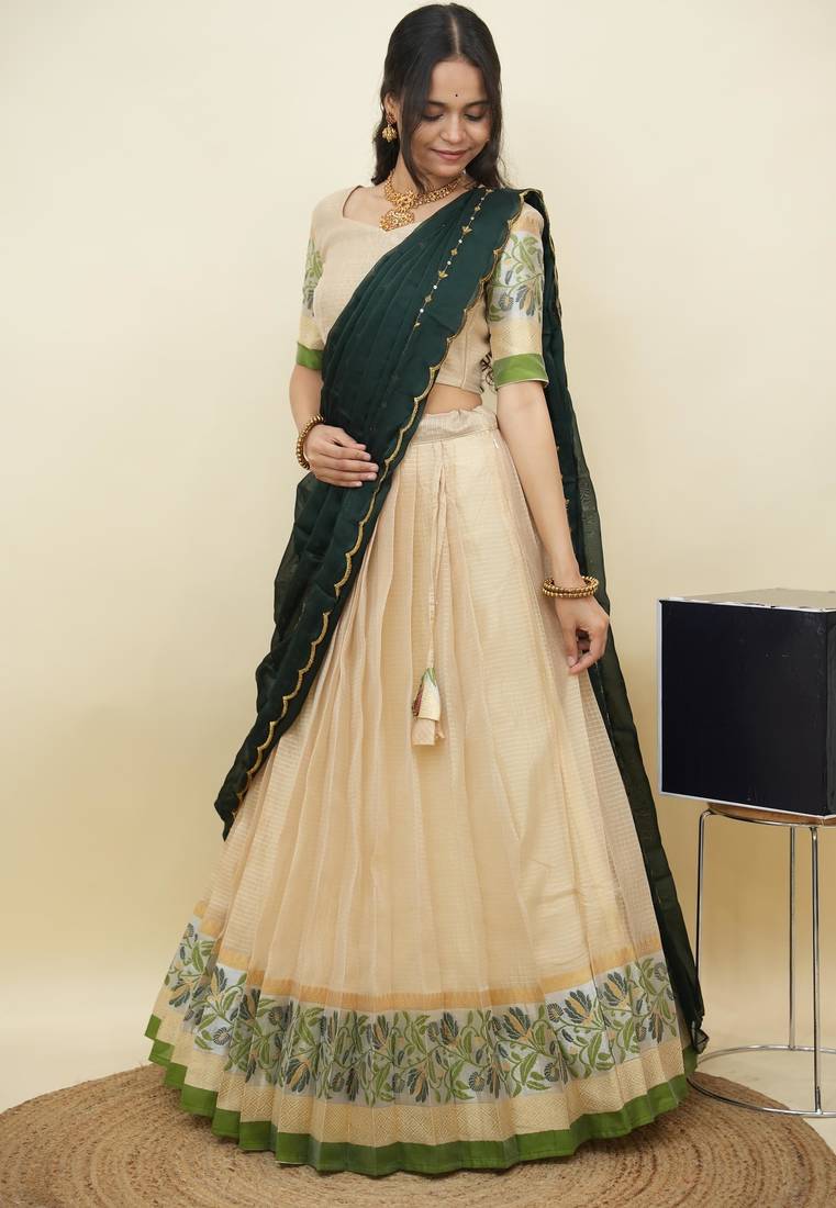 South Indian Style Half Saree With Blouse & Dupatta for Women