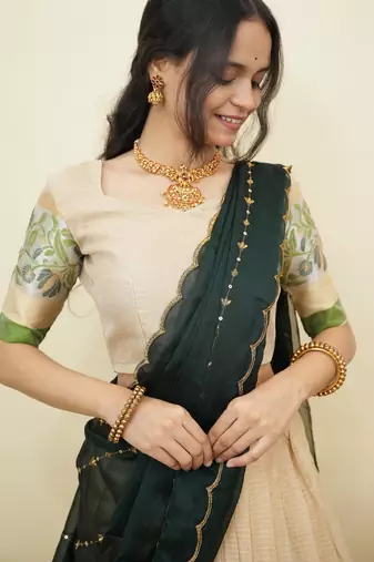 South Indian Style Half Saree With Blouse & Dupatta for Women