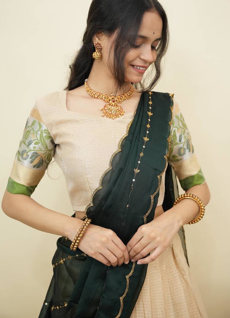 South Indian Style Half Saree With Blouse & Dupatta for Women