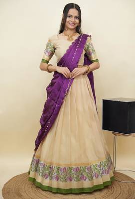 South Indian Style Half Saree With Blouse & Dupatta for Women 1