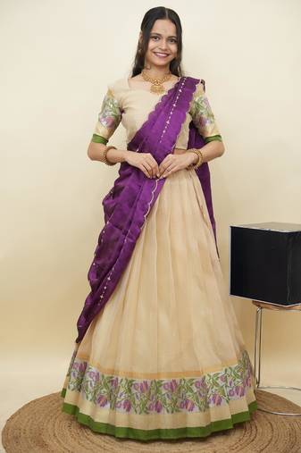 South Indian Style Half Saree With Blouse & Dupatta for Women
