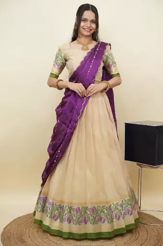 South Indian Style Half Saree With Blouse & Dupatta for Women