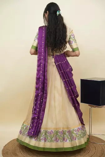South Indian Style Half Saree With Blouse & Dupatta for Women