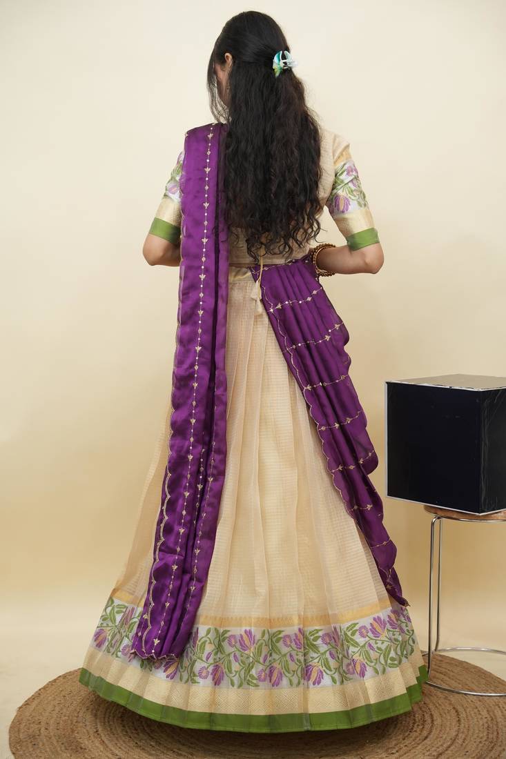 South Indian Style Half Saree With Blouse & Dupatta for Women
