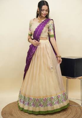 South Indian Style Half Saree With Blouse & Dupatta for Women 3