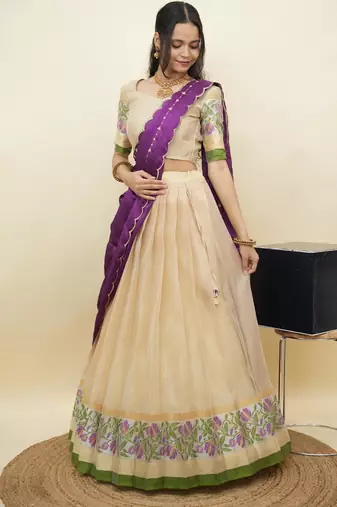 South Indian Style Half Saree With Blouse & Dupatta for Women