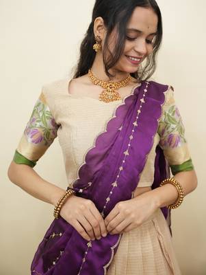 South Indian Style Half Saree With Blouse & Dupatta for Women 4