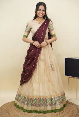 South Indian Style Half Saree With Blouse & Dupatta for Women 1