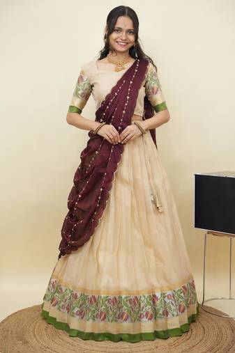 South Indian Style Half Saree With Blouse & Dupatta for Women