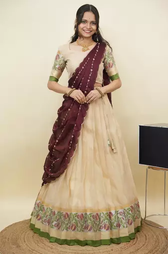 South Indian Style Half Saree With Blouse & Dupatta for Women