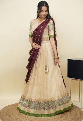 South Indian Style Half Saree With Blouse & Dupatta for Women 3