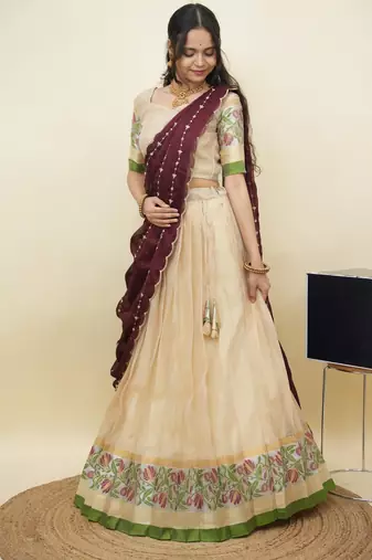 South Indian Style Half Saree With Blouse & Dupatta for Women