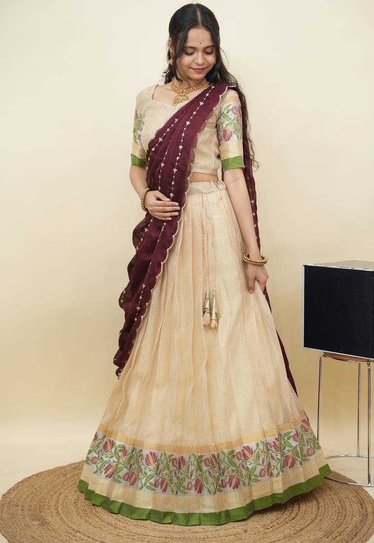South Indian Style Half Saree With Blouse & Dupatta for Women