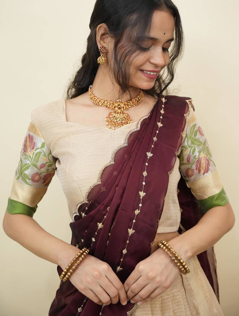 South Indian Style Half Saree With Blouse & Dupatta for Women