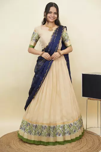 South Indian Style Half Saree With Blouse & Dupatta for Women