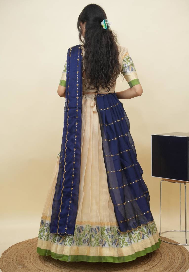 South Indian Style Half Saree With Blouse & Dupatta for Women
