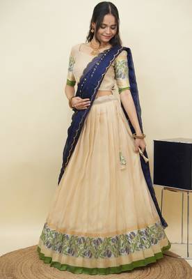 South Indian Style Half Saree With Blouse & Dupatta for Women 3
