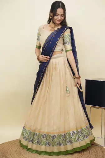 South Indian Style Half Saree With Blouse & Dupatta for Women