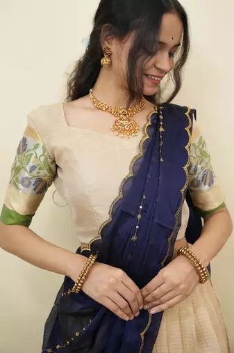 South Indian Style Half Saree With Blouse & Dupatta for Women