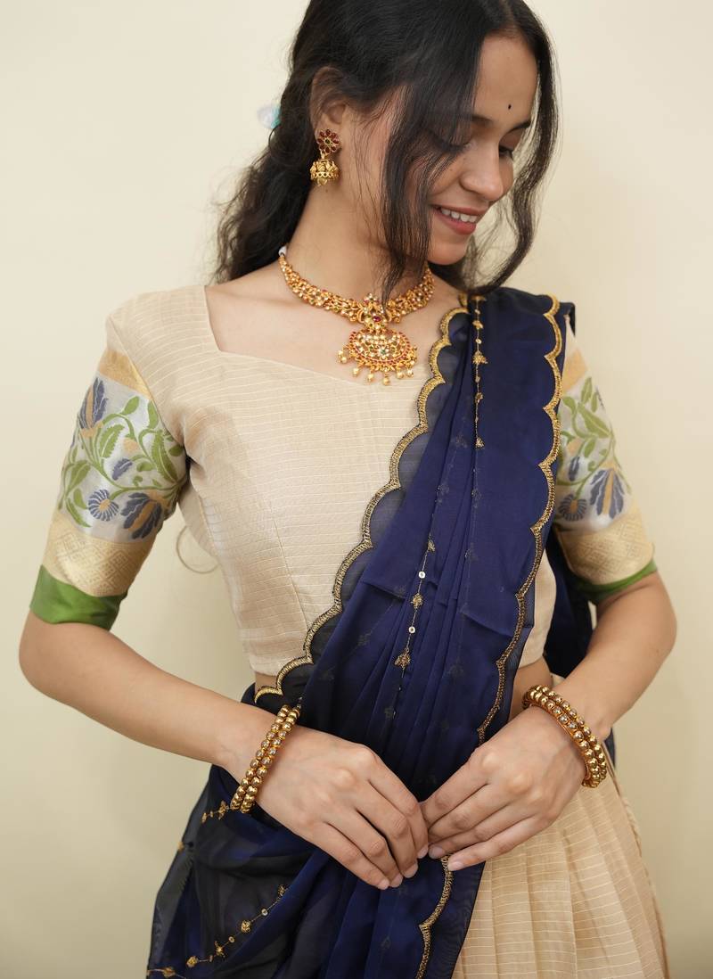 South Indian Style Half Saree With Blouse & Dupatta for Women