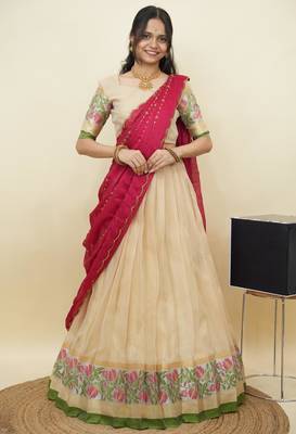 South Indian Style Half Saree With Blouse & Dupatta for Women 1
