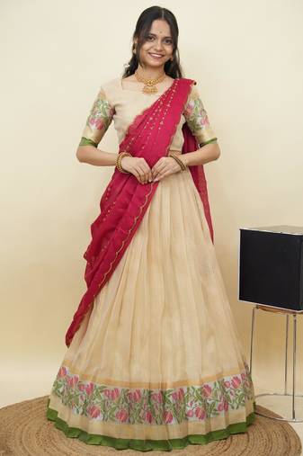 South Indian Style Half Saree With Blouse & Dupatta for Women
