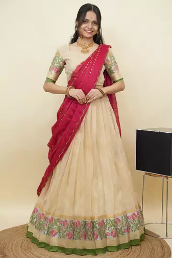 South Indian Style Half Saree With Blouse & Dupatta for Women