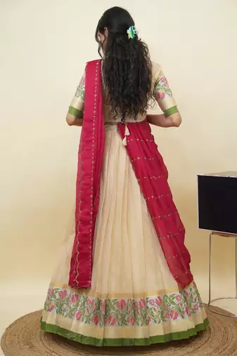 South Indian Style Half Saree With Blouse & Dupatta for Women