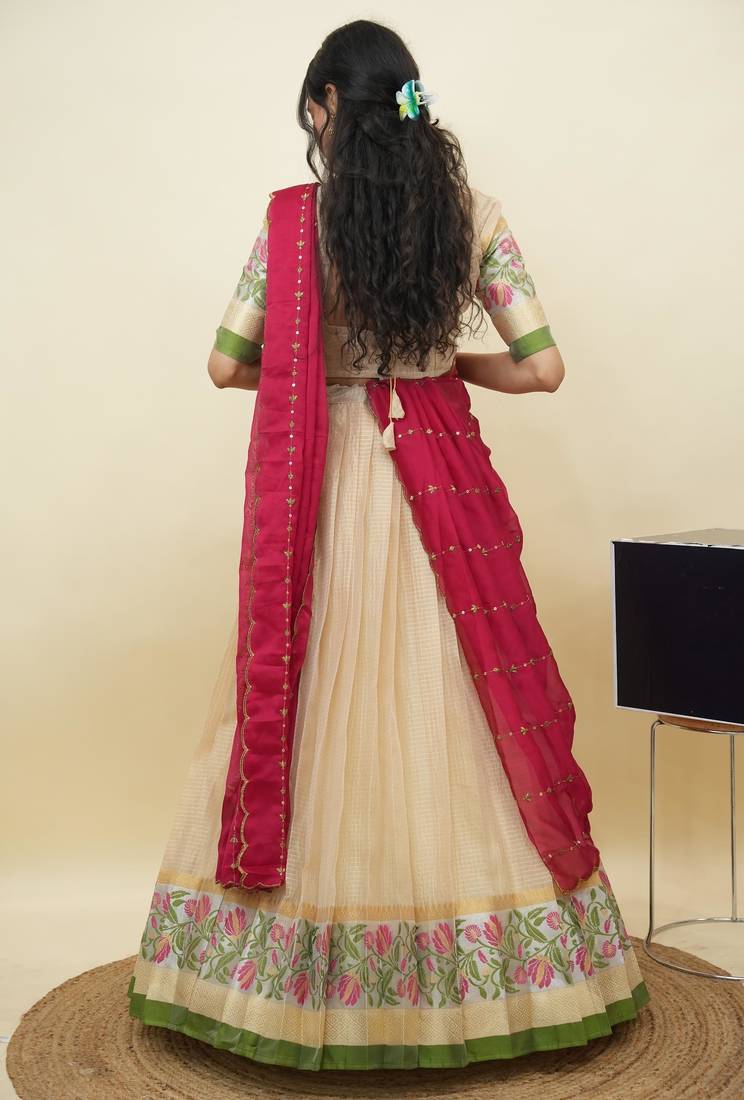 South Indian Style Half Saree With Blouse & Dupatta for Women