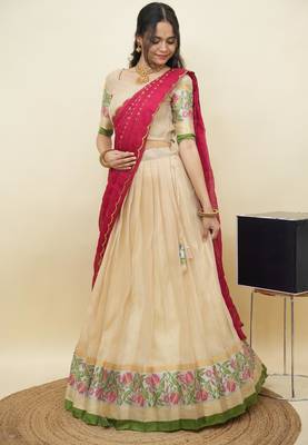 South Indian Style Half Saree With Blouse & Dupatta for Women 3