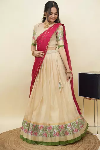 South Indian Style Half Saree With Blouse & Dupatta for Women