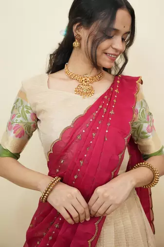 South Indian Style Half Saree With Blouse & Dupatta for Women