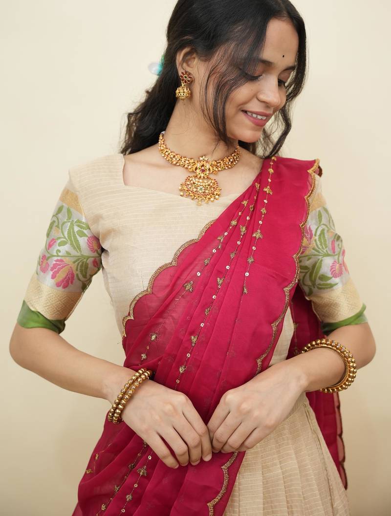 South Indian Style Half Saree With Blouse & Dupatta for Women