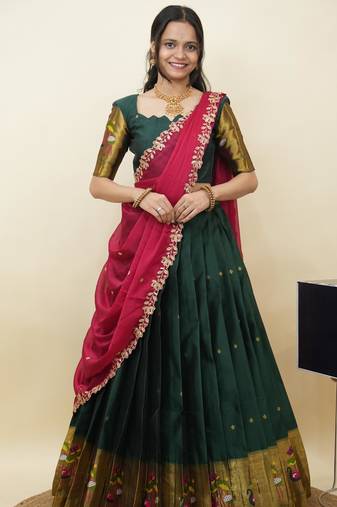 South Indian Style Half Saree With Blouse & Dupatta for Women