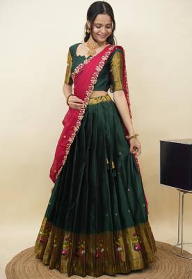 South Indian Style Half Saree With Blouse & Dupatta for Women 3