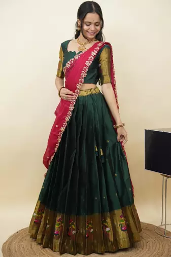 South Indian Style Half Saree With Blouse & Dupatta for Women
