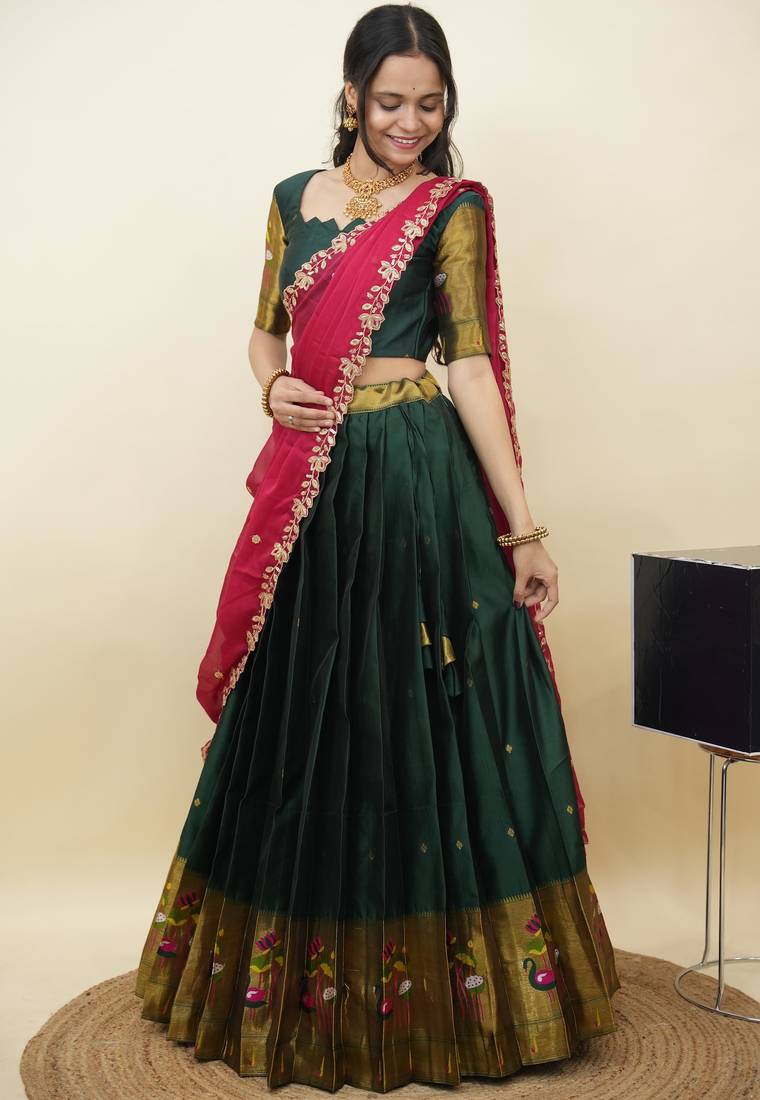 South Indian Style Half Saree With Blouse & Dupatta for Women