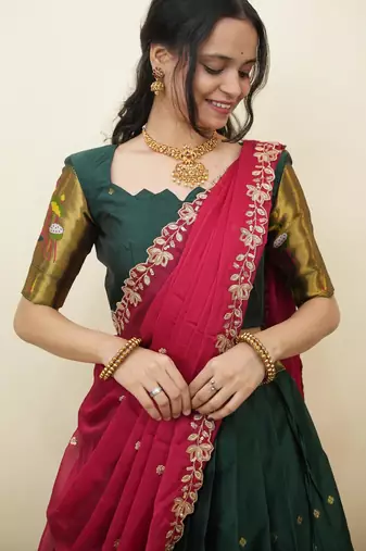 South Indian Style Half Saree With Blouse & Dupatta for Women