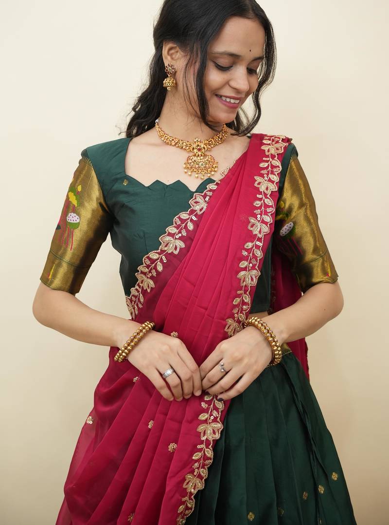 South Indian Style Half Saree With Blouse & Dupatta for Women