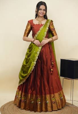 South Indian Style Half Saree With Blouse & Dupatta for Women 1