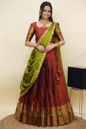 South Indian Style Half Saree With Blouse & Dupatta for Women