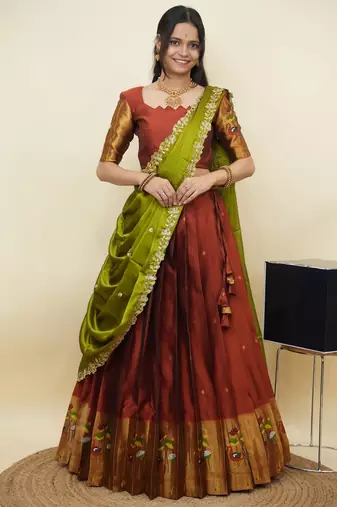 South Indian Style Half Saree With Blouse & Dupatta for Women