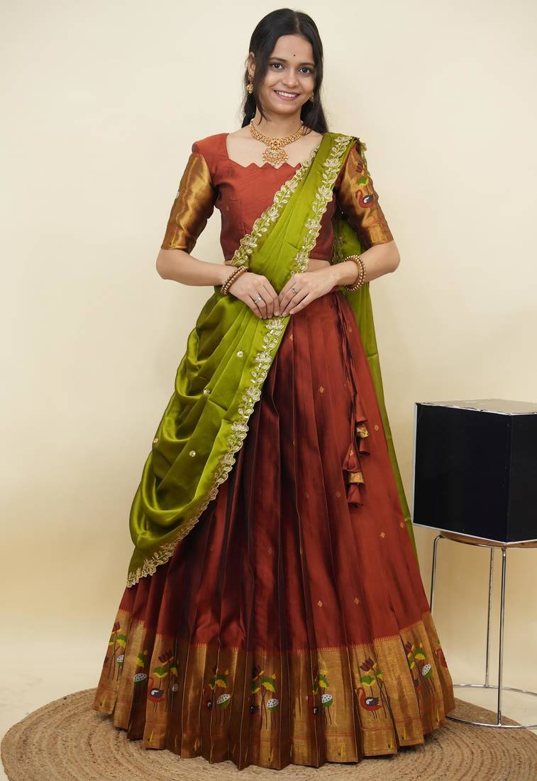 South Indian Style Half Saree With Blouse & Dupatta for Women