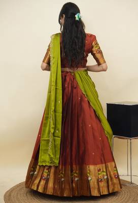 South Indian Style Half Saree With Blouse & Dupatta for Women 2