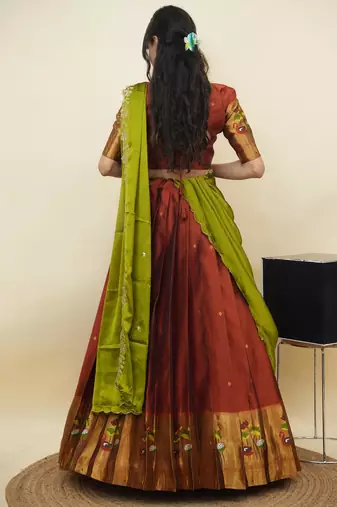 South Indian Style Half Saree With Blouse & Dupatta for Women