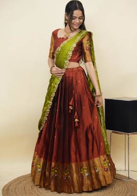 South Indian Style Half Saree With Blouse & Dupatta for Women 3