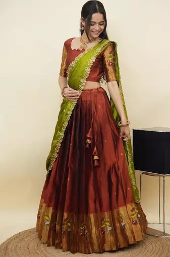 South Indian Style Half Saree With Blouse & Dupatta for Women