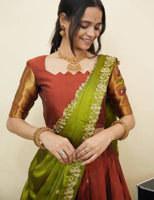 South Indian Style Half Saree With Blouse & Dupatta for Women 4